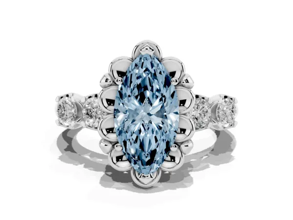 Fancy Blue Marquise Cut Cut Diamond Floral Halo Engagement Ring with Shared Prong Setting Platinum