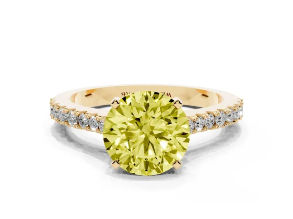 Fancy Yellow Round Cut Cut Solitaire Diamond Engagement Ring with Pave Band and Four-Prong Setting Yellow gold