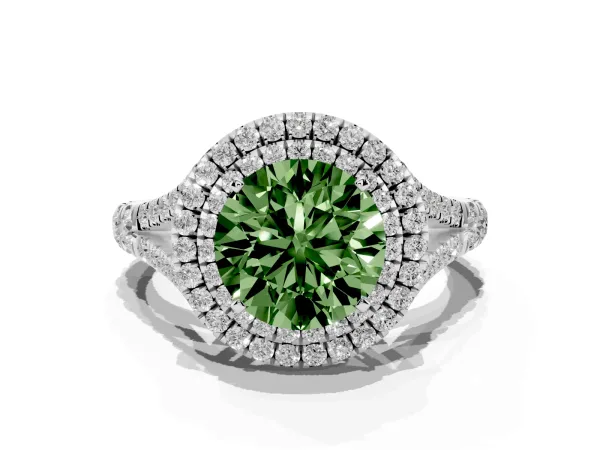 Fancy Green Round Cut Cut Double Halo Split Shank Diamond Ring with Prong Setting White gold
