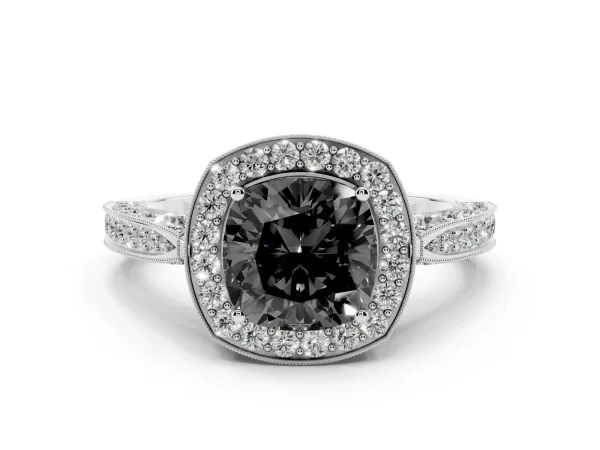 Fancy Black Cushion Cut Halo Diamond Engagement Ring with Split Shank Band and Four-Prong Setting Platinum