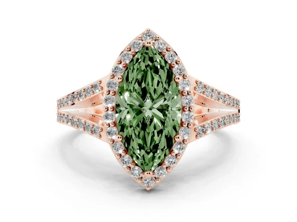 Fancy Green Marquise Cut Halo Split Shank Pave Diamond Ring with Four-Prong Setting Rose gold