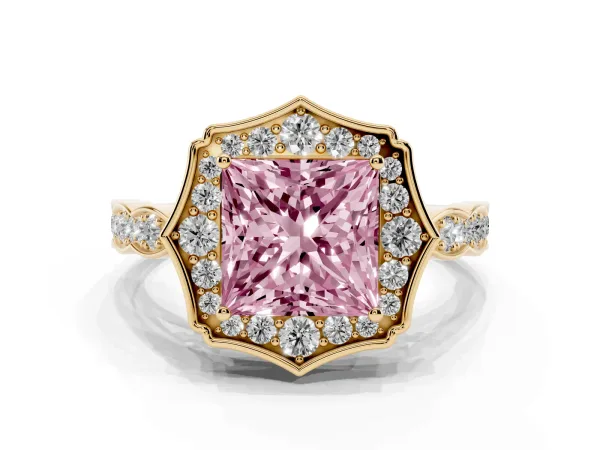 Fancy Pink Princess Cut Halo Diamond Engagement Ring with Milgrain Band and Four-Prong Setting Yellow gold