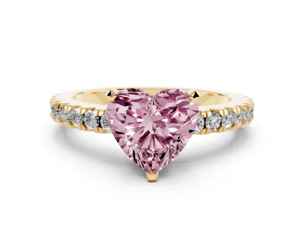 Fancy Pink Heart Cut Solitaire Diamond with Pavé Band and Four-Prong Setting Yellow gold