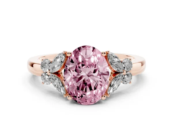 Fancy Pink Oval Cut Cut Solitaire Floral Diamond Ring with Four-Prong Setting Rose gold