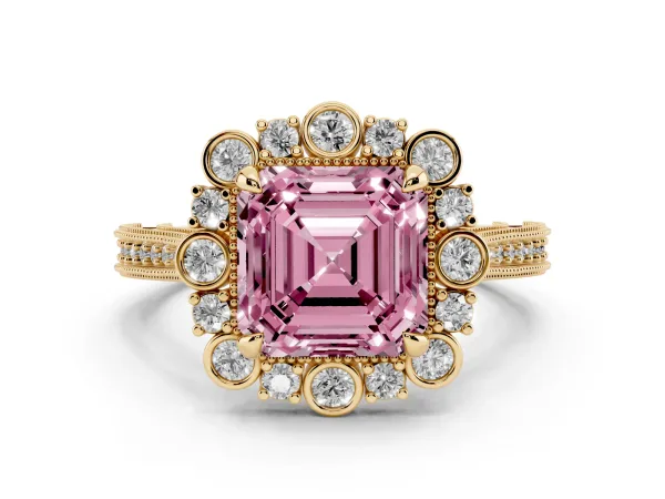 Fancy Pink Asscher Cut Halo Milgrain Pave Diamond Ring with Four-Prong Setting Yellow gold