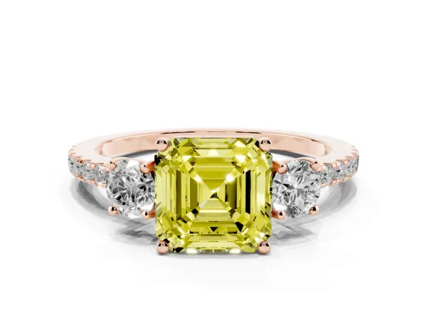 Fancy Yellow Three-Stone Asscher Cut Cut Diamond Pavé Band with Prong Setting Rose gold
