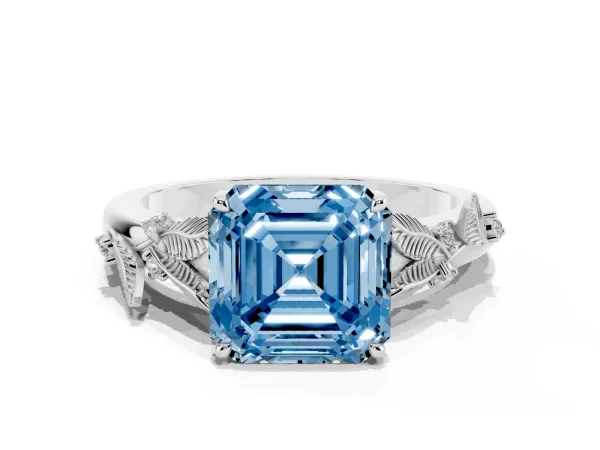 Fancy Blue Asscher Cut Diamond Solitaire Ring with Leaf Motif Band and Four-Prong Setting White gold
