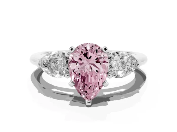 Fancy Pink Three-Stone Pear Cut Diamond Ring with Pear Side Stones and Four-Prong Setting Platinum