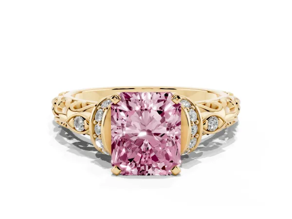 Fancy Pink Radiant Cut Diamond Solitaire Ring with Filigree Band and Four-Prong Setting Yellow gold