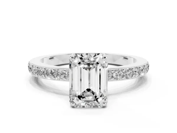 Emerald Cut Diamond Solitaire Engagement Ring with Pavé Band and Four-Prong Setting Platinum