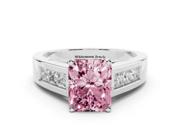 Fancy Pink Radiant Cut Cut Channel Set Solitaire Ring with Four-Prong Setting White gold