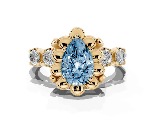 Fancy Blue Pear Cut Cut Diamond Floral Halo Engagement Ring with Shared Prong Setting Yellow gold