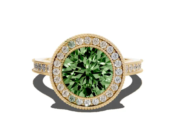 Fancy Green Halo Round Cut-Cut Diamond Pave Band Milgrain Prong Setting Ring Yellow gold