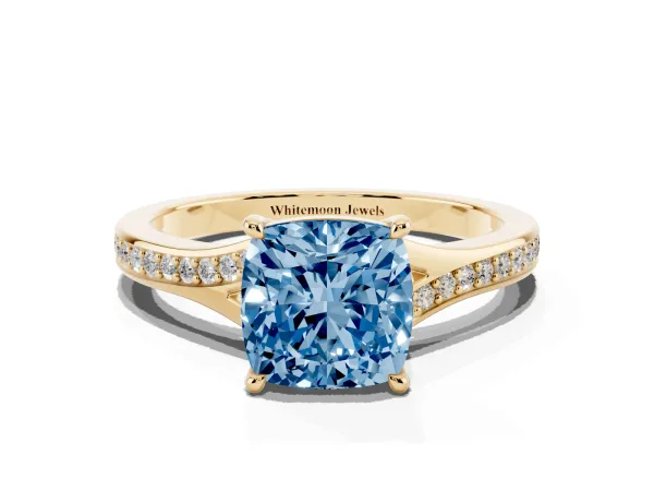 Fancy Blue Cushion Cut Diamond Solitaire Ring with Pavé Band and Prong Setting Yellow gold