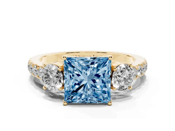Fancy Blue Princess Cut Cut Diamond Three-Stone Ring with Round Side Stones and Pavé Band Yellow gold