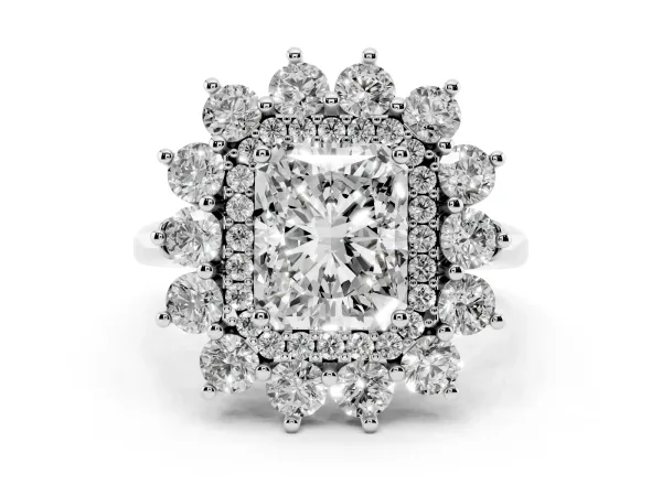 Radiant Cut Diamond Floral Double Halo Engagement Ring with Prong Setting White gold