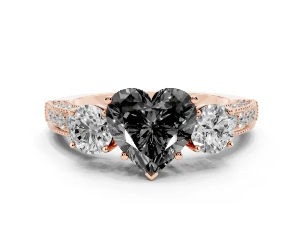 Fancy Black Heart Cut Three-Stone Diamond Ring with Pavé Band and Four-Prong Setting Rose gold