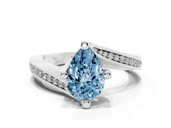 Fancy Blue Pear Cut Solitaire Diamond Twist Band with Pavé Setting and Four-Prong Setting Platinum