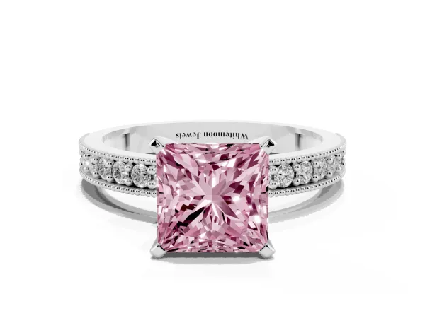 Fancy Pink Princess Cut Diamond Milgrain Pavé Engagement Ring with Four-Prong Setting White gold