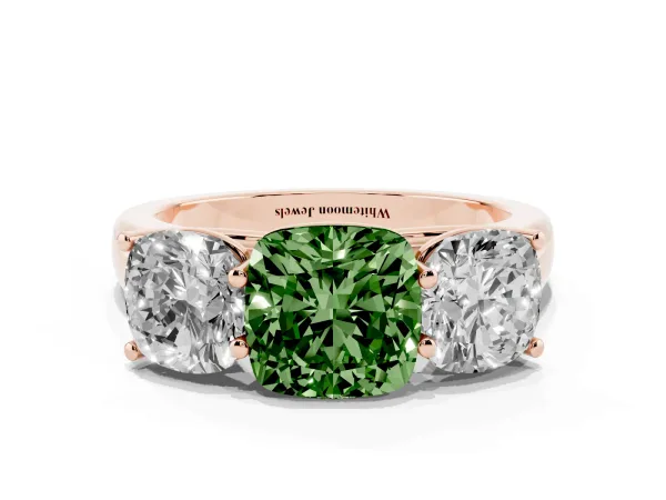 Fancy Green Cushion Cut Three-Stone Diamond Ring with Prong Setting on a Classic Band Rose gold