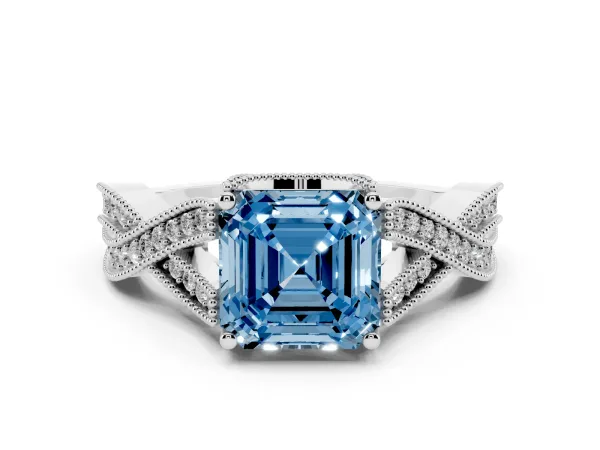 Fancy Blue Asscher Cut Cut Diamond Twisted Band with Milgrain Pave Setting and Four-Prong Setting Platinum
