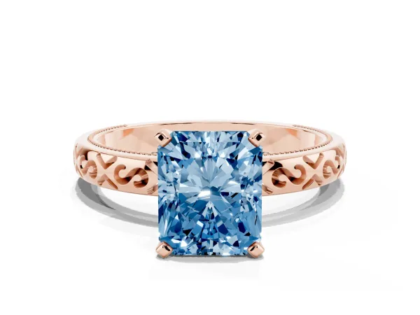 Fancy Blue Radiant Cut Solitaire Engagement Ring with Scrollwork Band and Four-Prong Setting Rose gold