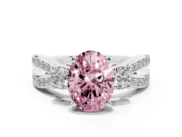Fancy Pink Three-Stone Oval Cut Cut Diamond Twist Band with Prong Setting White gold