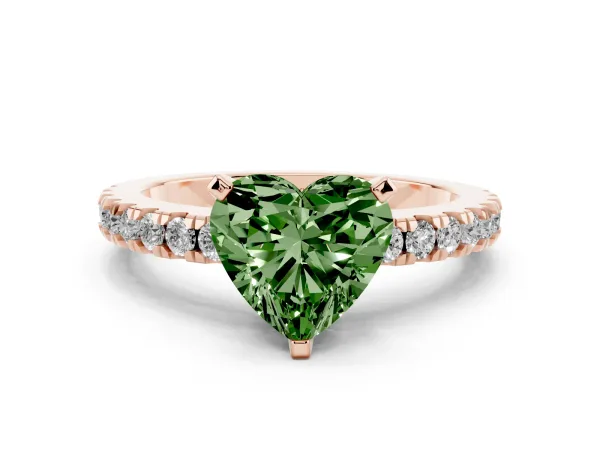 Fancy Green Heart Cut Solitaire Diamond with Pavé Band and Four-Prong Setting Rose gold