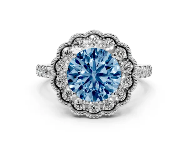 Fancy Blue Round Cut Cut Diamond Milgrain Floral Halo Engagement Ring with Pavé Band Platinum