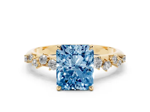 Fancy Blue Radiant Cut Diamond Cluster Side Stone Solitaire Ring with Prong Setting Yellow gold
