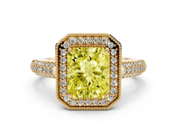 Fancy Yellow Radiant Cut Cut Halo Diamond Pave Band with Four-Prong Setting Yellow gold