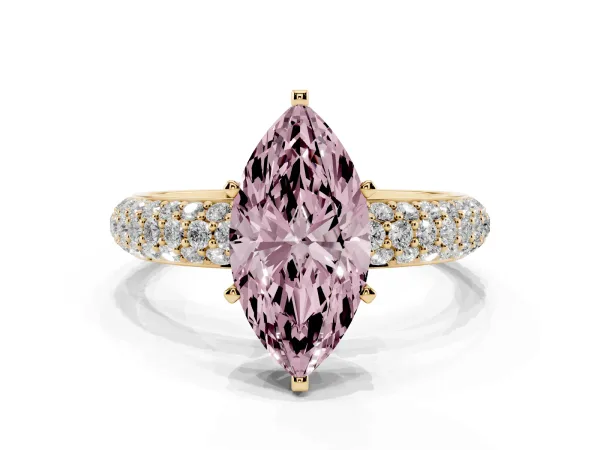 Fancy Pink Marquise Cut Diamond Solitaire Ring with Prong Setting and Pavé Band Yellow gold
