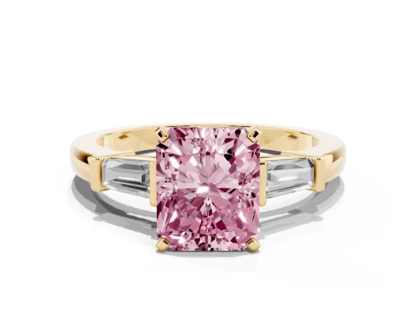 Fancy Pink Radiant Cut Cut Diamond Solitaire Ring with Tapered Baguette Accents and Four-Prong Setting Yellow gold