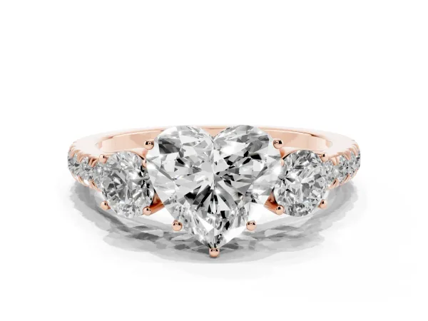 Heart Cut Cut Diamond Three-Stone Ring with Round Side Stones and Pavé Band Rose gold