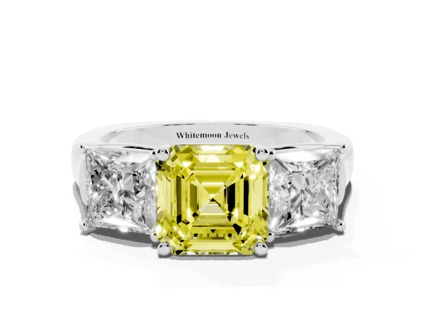 Fancy Yellow Three-Stone Asscher Cut Brilliant Diamond Trellis Ring with Comfort Fit Band Platinum