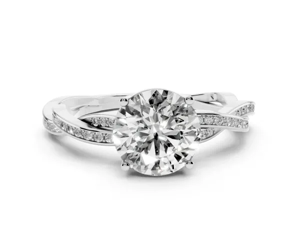 Round Cut Solitaire Twisted Pave Diamond Ring with Four-Prong Setting Platinum