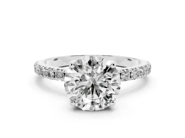 Round Cut Cut Diamond Solitaire Ring with Micro Pave Band and Four Prong Setting Platinum