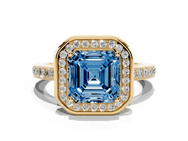 Fancy Blue Asscher Cut Diamond Halo Ring with Bezel Frame and Pavé Band Yellow gold