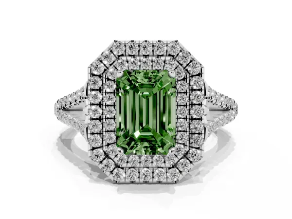 Fancy Green Emerald Cut Diamond Double Halo Ring with Pavé Band and Prong Setting White gold