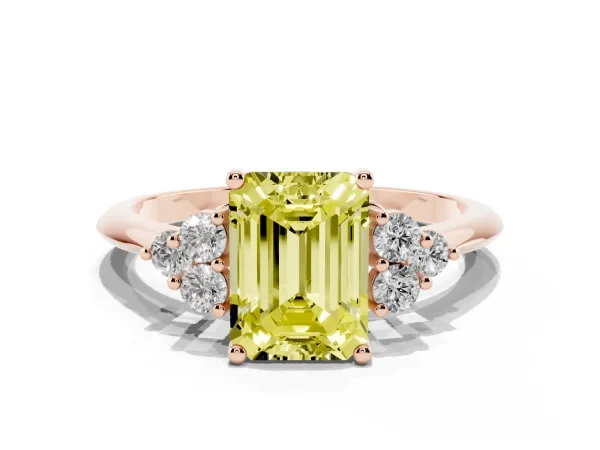 Fancy Yellow Emerald Cut Cut Diamond Cluster Ring with Solitaire Band and Four-Prong Setting Rose gold
