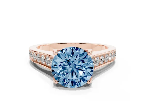 Fancy Blue Round Cut Brilliant Cut Diamond Engagement Ring with Pavé Band and Four-Prong Setting Rose gold