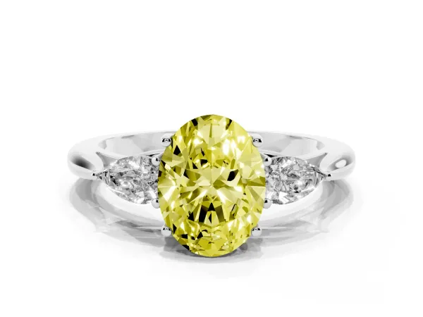 Fancy Yellow Oval Cut Diamond Three-Stone Ring with Pear Side Stones and Prong Setting White gold
