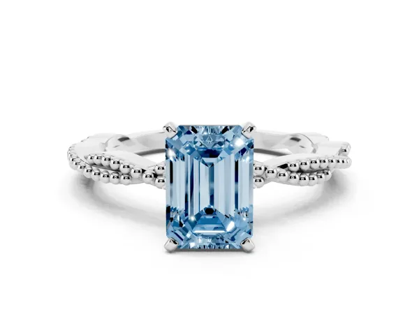 Fancy Blue Emerald Cut Solitaire Twisted Band with Bead Prong Setting Platinum