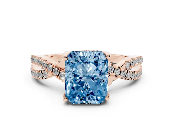 Fancy Blue Radiant Cut Solitaire Twist Pave Diamond Engagement Ring with Prong Setting Rose gold