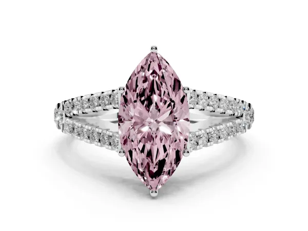 Fancy Pink Marquise Cut Diamond Split Shank Engagement Ring with Round Pavé and Prong Setting Platinum