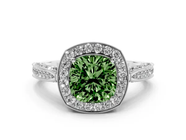 Fancy Green Cushion Cut Halo Diamond Engagement Ring with Split Shank Band and Four-Prong Setting Platinum
