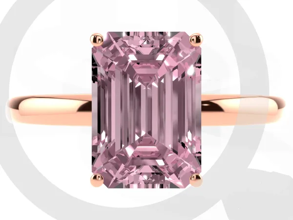 Fancy Pink Emerald Cut Solitaire Diamond Ring with Prong Setting and Plain Band Rose gold