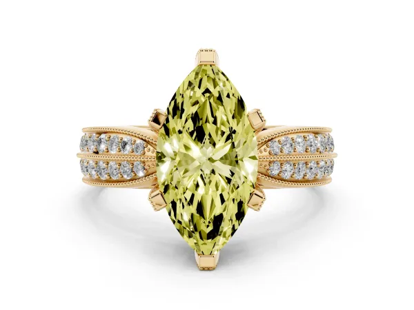 Fancy Yellow Marquise Cut Diamond Solitaire Ring with Milgrain Round Pavé Band and Prong Setting Yellow gold