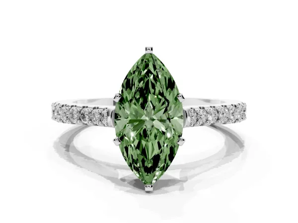 Fancy Green Marquise Cut Cut Solitaire Diamond Engagement Ring with Pave Band and Four-Prong Setting White gold
