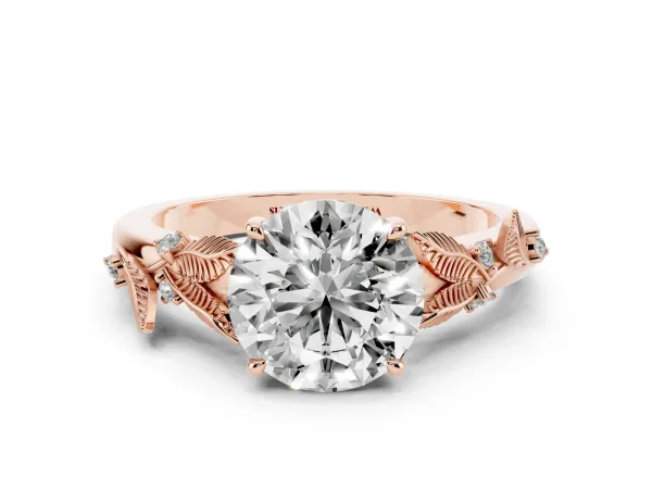 Round Cut Diamond Solitaire Ring with Leaf Motif Band and Four-Prong Setting Rose gold